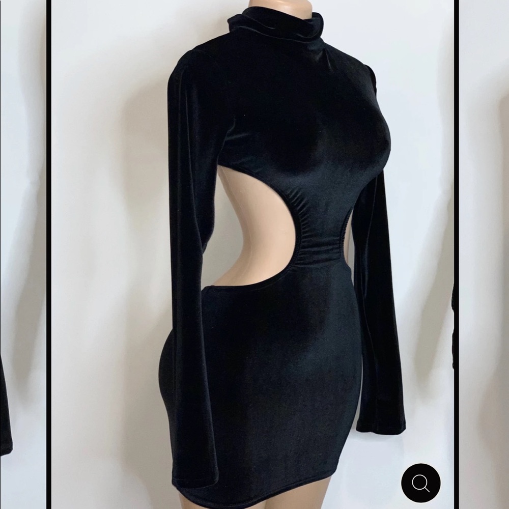 Velvet open back turtleneck dress.